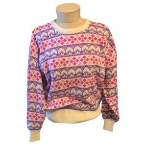 80's Vtg Meister Pink & Purple Wool Blend Nordic Long Sleeve Pullover Ski